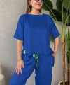 Kadın Kısa Kollu Bisiklet Yaka Viskon Iki Iplik Bluz Ve Pantolon Ikili Takım