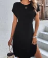 Kadın Kısa Kollu Bisiklet Yaka Viskon Iki Iplik Elbise