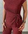 Kadın Kısa Kollu Bisiklet Yaka Yandan Bağlamalı Bürümcük Bluz Ve Pantolon Ikili Takım