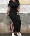 Kadın Kısa Kollu Bisiklet Yaka Yandan şerit Ve Yırtmaçlı Viskon Iki Iplik Elbise