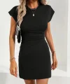 Kadın Kısa Kollu Bisiklet Yaka Yanlardan Büzgülü Kısa Janjan Krep Elbise