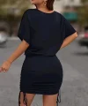 Kadın Kısa Kollu Bisiklet Yaka Yanlardan Büzgülü Kısa Viskon Elbise