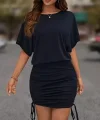 Kadın Kısa Kollu Bisiklet Yaka Yanlardan Büzgülü Kısa Viskon Elbise