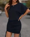 Kadın Kısa Kollu Bisiklet Yaka Yanlardan Büzgülü Kısa Viskon Elbise