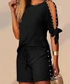 Kadın Kısa Kollu Bisiklet Yaka Yarı Açık Omuz Inci Detaylı Short T-shirt Viskon Ikili Takım