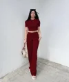 Kadın Kısa Kollu Bluz Ve Yüksek Bel Bol Baça Pantolon Ikili Takım
