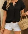 Kadın Kısa Kollu çentikli V Düğme Detaylı V Yaka önden Pileli Ithal Keten Bluz
