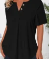 Kadın Kısa Kollu çentikli V Düğme Detaylı V Yaka önden Pileli Ithal Keten Bluz