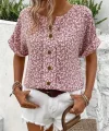 Kadın Kısa Kollu çentikli V Yaka Ve Düğme Detaylı çiçek Desenli Süprem Bluz