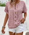 Kadın Kısa Kollu çentikli V Yaka Ve Düğme Detaylı çiçek Desenli Süprem Bluz
