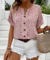 Kadın Kısa Kollu çentikli V Yaka Ve Düğme Detaylı çiçek Desenli Süprem Bluz