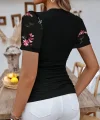 Kadın Kısa Kollu çiçek Nakışlı V Yakalı Viskon Bluz