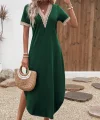 Kadın Kısa Kollu Dantel V Yakalı Uzun Viskon Elbise