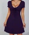 Kadın Kısa Kollu Derin Büzgülü V Yakalı Viskon Elbise