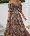 Kadın Kısa Kollu Düşük Omuzlu Beli Büzgülü Dijital Desenli Kesik Elyaf Süprem Uzun Elbise