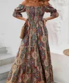 Kadın Kısa Kollu Düşük Omuzlu Beli Büzgülü Dijital Desenli Kesik Elyaf Süprem Uzun Elbise