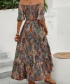 Kadın Kısa Kollu Düşük Omuzlu Beli Büzgülü Dijital Desenli Kesik Elyaf Süprem Uzun Elbise