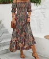 Kadın Kısa Kollu Düşük Omuzlu Beli Büzgülü Dijital Desenli Kesik Elyaf Süprem Uzun Elbise