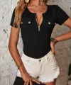 Kadın Kısa Kollu Fermuarlı Cep Detay Kaşkorse Bluz