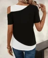 Kadın Kısa Kollu Geometrik Kesin Detaylı çift Renkli Viskon Bluz