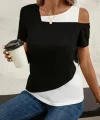 Kadın Kısa Kollu Geometrik Kesin Detaylı çift Renkli Viskon Bluz