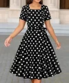 Kadın Kısa Kollu Geometrik Yaka Puantiyeli Kiloş Midi Süprem Elbise