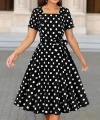 Kadın Kısa Kollu Geometrik Yaka Puantiyeli Kiloş Midi Süprem Elbise