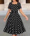 Kadın Kısa Kollu Geometrik Yaka Puantiyeli Kiloş Midi Süprem Elbise