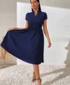 Kadın Kısa Kollu Hakim V Yakalı Pileli Janjan Krep Elbise