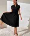 Kadın Kısa Kollu Hakim V Yakalı Pileli Janjan Krep Elbise