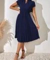 Kadın Kısa Kollu Hakim V Yakalı Pileli Janjan Krep Elbise