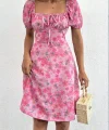 Kadın Kısa Kollu ini çiçek Baskılı Bağcık Detay üprem idi Boy Elbise