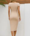 Kadın Kısa Kollu Kalp Yaka Yanlardan Büzgü Detay Midi Ithal Krep Elbise