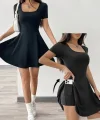 Kadın Kısa Kollu Kare Yaka Short Detaylı Cepli Dalgıç Elbise