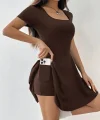 Kadın Kısa Kollu Kare Yaka Short Detaylı Cepli Dalgıç Elbise