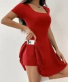Kadın Kısa Kollu Kare Yaka Short Detaylı Cepli Dalgıç Elbise
