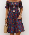 Kadın Kısa Kollu Kare Yakalı Beli Lastikli çiçek Desenli Mini Süprem Elbise