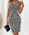 Kadın Kısa Kollu Kare Yakalı Leopar Desenli Dalgıç Elbise