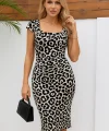 Kadın Kısa Kollu Kare Yakalı Leopar Desenli Dalgıç Elbise