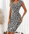 Kadın Kısa Kollu Kare Yakalı Leopar Desenli Dalgıç Elbise