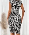 Kadın Kısa Kollu Kare Yakalı Leopar Desenli Dalgıç Elbise