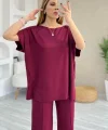 Kadın Kısa Kollu Kayık Yakalı Dikiş Izi Detaylı Viskon Iki Iplik Bluz Ve Pantolon Ikili Takım