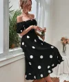 Kadın Kısa Kollu Kollar Ve Etek Ucu Volanlı üst Gipeli Puantiyeli Krep Elbise
