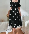 Kadın Kısa Kollu Kollar Ve Etek Ucu Volanlı üst Gipeli Puantiyeli Krep Elbise