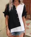 Kadın Kısa Kollu Kollardan Bağlamalı önden Asimetrik Kesim çift Renk Detaylı Düğmeli Ithal Krep Bluz