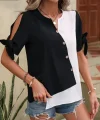 Kadın Kısa Kollu Kollardan Bağlamalı önden Asimetrik Kesim çift Renk Detaylı Düğmeli Ithal Krep Bluz