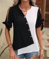 Kadın Kısa Kollu Kollardan Bağlamalı önden Asimetrik Kesim çift Renk Detaylı Düğmeli Ithal Krep Bluz