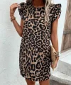 Kadın Kısa Kollu Kolları Fırfır Detay Arkası Bağlamalı Leopar Desen Kolsuz Mini Mikro Elbise
