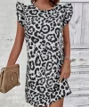 Kadın Kısa Kollu Kolları Fırfır Detay Arkası Bağlamalı Leopar Desen Kolsuz Mini Mikro Elbise