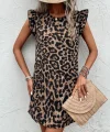 Kadın Kısa Kollu Kolları Fırfır Detay Arkası Bağlamalı Leopar Desen Kolsuz Mini Mikro Elbise